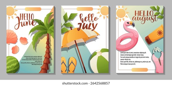 Mini conjunto de 3 cartões de verão verticais e folhetos com Hello June, Hello July e Hello August títulos. Inclui palmeiras, sol, frutas, praia e acessórios de verão.
