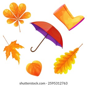Mini set of autumn leaves, boots, zantik. Bright umbrella design. Leaf vector illustration. Yellow rubber boots design