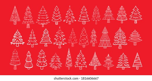 Mini set of Christmas trees on a red background. Abstract new year design with white line pattern. Christmas trees for the design of postcards, banners, souvenirs. 30 design elements white isolated