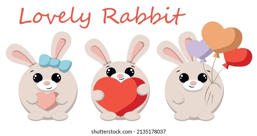 Mini set with cute cartoon Lovely Rabbit. Draw illustration in color