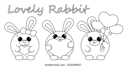 Mini set with cute cartoon Lovely Rabbit. Draw illustration in black and white