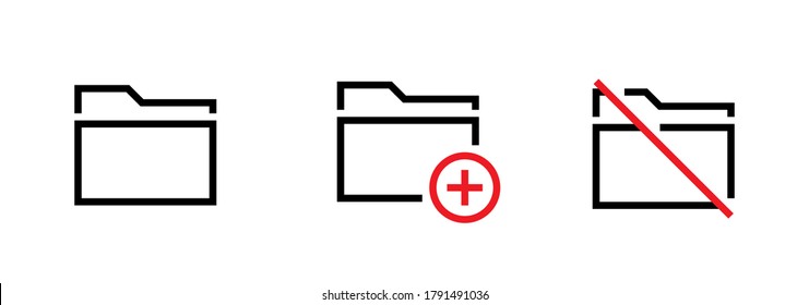 Mini set flat linear icons folders. Editable vector stroke. Add or cancel folder. Three folder with sign plus, slash in black and red colors isolated on white background.