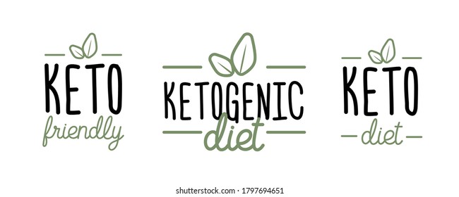 Mini set hand drawn emblem or logo ketogenic diet in linear style. Vector flat illustration. Lettering in the look of high fat and moderate protein diet icons.