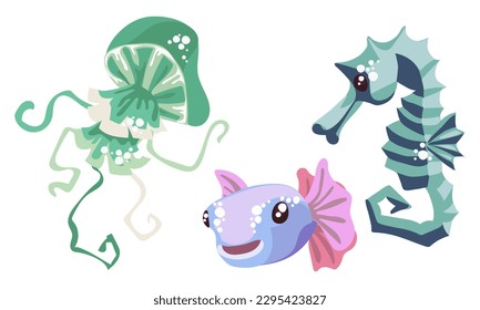 Mini set with jellyfish, fish, seahorse. Cute abstract animals in blue, pink and green tones swim in isolation on a white background. Collection of stickers on the theme of marine animals