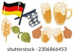 Mini set for Oktoberfest - glasses of beer, flags of Germany and Bavaria, a glass of beer, people with beer are minted, hops, grain. Flat vector illustration for a holiday