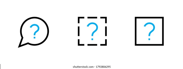 Mini set question mark icons in flat design. Editable vector outline. Help symbol. Simple badges interrogation mark in bubble, square dashed line black and blue colors isolated on white.