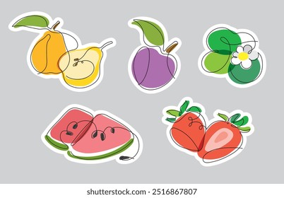 Mini set of stickers with colored vector fruits in one line
