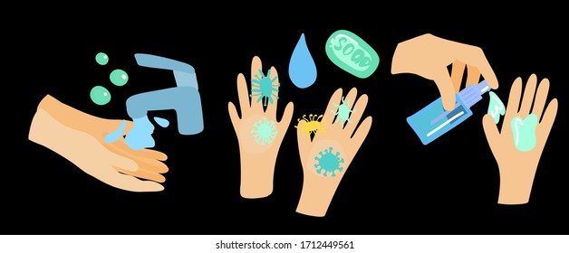Mini set of vector clip-art hands wash under water with soap. hands and bacteria, hands a drop of antibacterial gel. Flat style icons isolated for infographics about coronovirus, covid-19 and pandemic