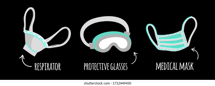Mini set vector clip-art medical mask, respirator and protective glasses on a black isolated background. Illusion of protection means with flat style signatures. Coronovirus protection during the