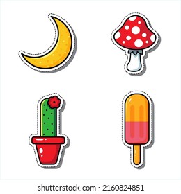 Mini set of vector illustrations. Moon, cactus, ice cream, mushroom.