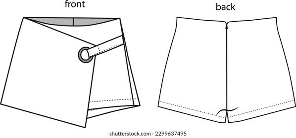 dibujo de minishorts de forma de falda, falda de detalles de ojo de pájaro,
vista frontal y posterior, barra de falda, plantilla de falda.