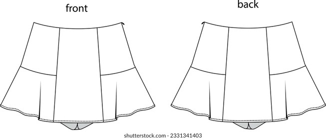 
mini shorts skirt technical drawing, skirt cad drawing