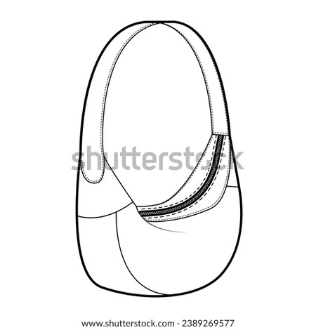 Mini Shoulder Bag with curved lines hobo silhouette bag. Fashion accessory technical illustration. Vector satchel front 3-4 view for Men, women style, flat handbag CAD mockup sketch outline isolated