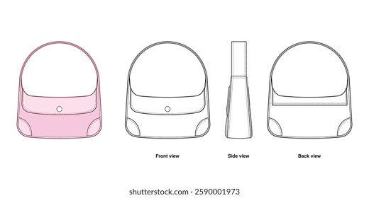 Mini Shoulder Bag Technical Fashion Illustration. Flap Purse Vector Template. Front, side and back view. Classic and Elegant Design. Magnetic Snap Closure. Women’s Accessories. CAD Mockup set. 