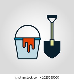 Mini shovel and bucket isolated flat vector icon 