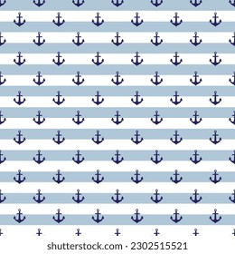 mini simple oceanic silhouette, navy blue anchor and white and light blue stripes seamless pattern for background, wallpaper, texture, textile, banner, label, summer theme, flat vector design.