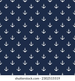 mini simple oceanic silhouette, white anchor on navy blue seamless pattern for background, wallpaper, texture, textile, banner, label, summer theme, flat vector design.