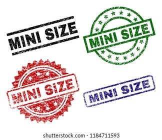 MINI SIZE seal prints with corroded surface. Black, green,red,blue vector rubber prints of MINI SIZE caption with unclean texture. Rubber seals with round, rectangle, rosette shapes.