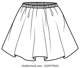 mini skirt with elastic waistband flat technical cad drawing vector template