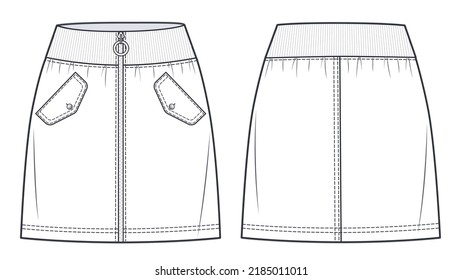 Mini Skirt technical fashion illustration. Denim Skirt fashion flat sketch template, knee mini lengths silhouette, pockets, zip up, elastic waistband, front, back, white color style, CAD mockup.