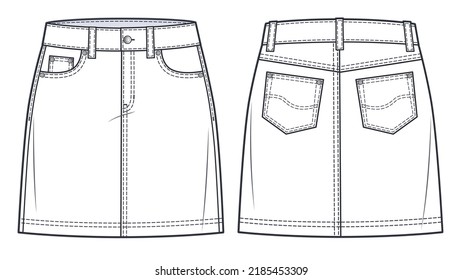 Mini Skirt technical fashion illustration. Classic Denim Skirt fashion flat sketch template, knee mini lengths silhouette, front and back pockets, front, back view, white, CAD mockup.