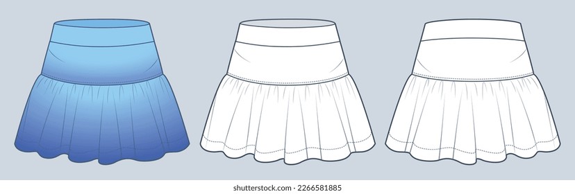 Moda técnica Mini Skirt Ilustración, diseño azul. Moda Skirt deslumbrante plancha de dibujo técnico plano, vista frontal y trasera, color blanco, mujeres, conjunto de maquillaje CAD unisex.