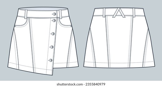 Ilustración técnica de modas Mini Skirt. Moda simétrica Skirt planas de dibujo técnico, mini longitud, bolsillos, botones, vista frontal y trasera, blanco, mujeres, hombres, maquillaje CAD unisex. 