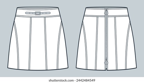 Mini Skirt technical fashion illustration. Set of Skirts fashion flat technical drawing template, buckle, zipper, front view, white, women, men, unisex CAD mockup set.