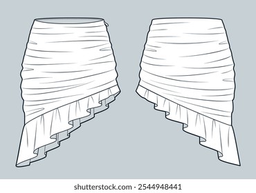 Mini Skirt technical fashion illustration. Draped Skirt fashion flat technical drawing template, ruffle, asymmetrical, side zipper, front and back view, white, women CAD mockup.
