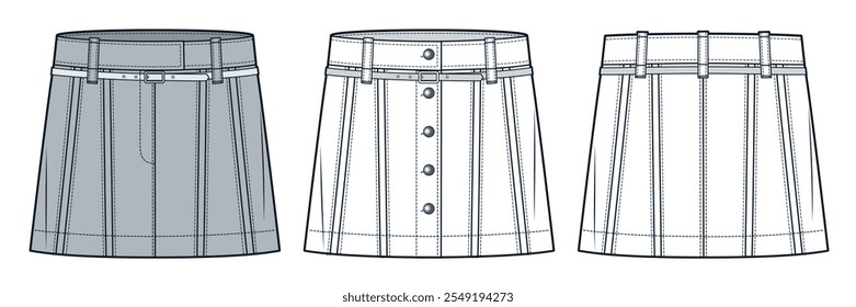 Mini saia ilustração de moda técnica. Botão para baixo saia moda plana modelo de desenho técnico, cinto, frente e vista traseira, branco, cinza, mulheres CAD conjunto de maquete.