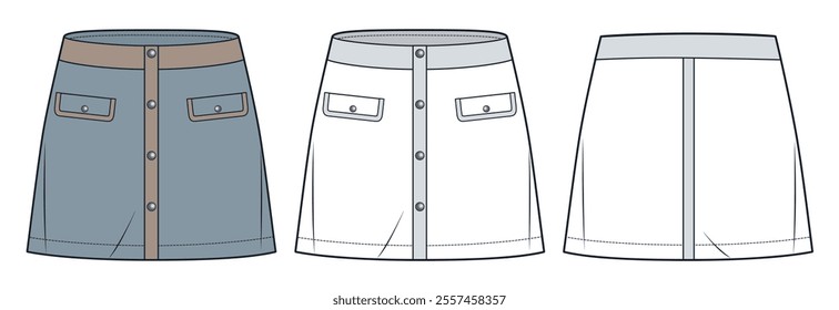 Mini Skirt technical fashion illustration. Button down Skirt fashion flat technical drawing template, mini length, pockets, A-line, front and back view, white, blue grey, women CAD mockup set.