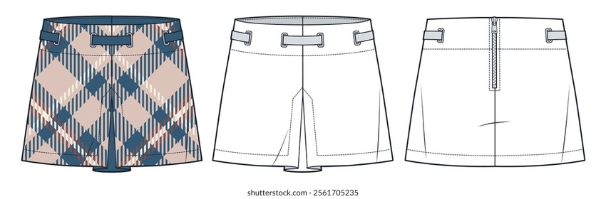 Mini Skirt technical fashion illustration, pleid pattern. Pleated Skirt fashion flat technical drawing template, eyelets box, belt, back zipper, front, back view, white, blue, beige, women CAD mockup.