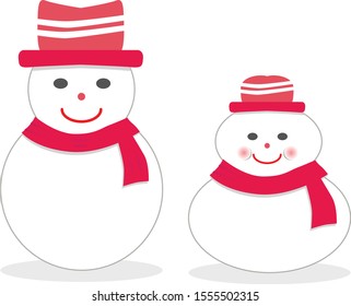 Mini Snowman isolated, Christmas snow doll with red hat and scarf on white  background vector illustration - Vector
