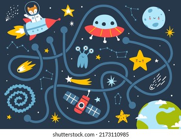 Mini space labyrinth game for children. Cosmic maze with animal astronaut for kids.