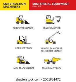 Mini special equipment vehicle and transport car construction machinery icons set vector