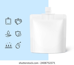 Mini spout pouch hand cream packaging bag mockup with set icons. Vector illustration isolated on white blue background.  Ready for your design. EPS10.