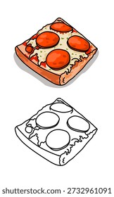 Mini pizza quadrada isolada no branco. Desenho para colorir