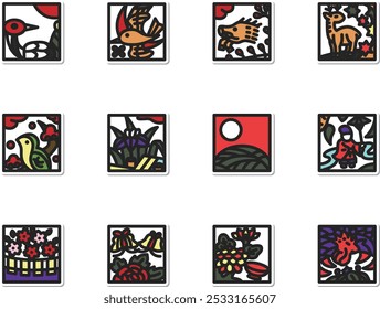 Mini square sticker Hanafuda icon set (no background)