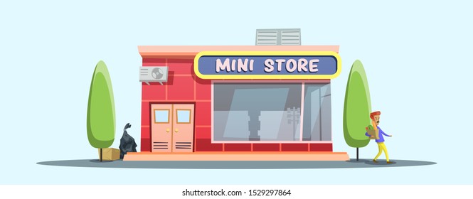 Mini Store With Man Leaving It Illustration Concept