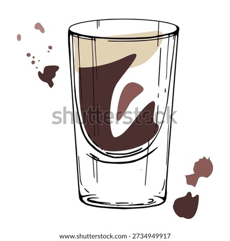 Mini stout-like liqueur shot, coffee drink, chocolate or dark beer with froth or cream top in elegant vector simplicity. Isolated vector art hand drawn in ink for food and drink graphics, cafe board.