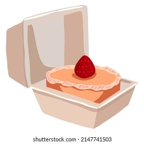 Mini strawberry cake in lunch box. Sweet little dessert, cute, romantic, tasty holiday present. Vector illustration in modern style. Cartoon clipart isolated on white.