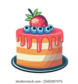 Mini strawberry cakes on a blue plate.With strawberries and blueberries on top.Vector illustration isolated on white background.