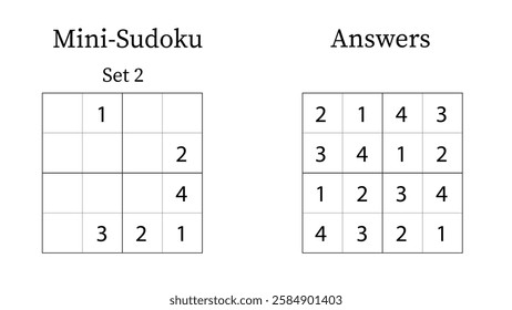 Mini Sudoku Puzzle 4x4 Set 2 for Kids Easy with Answers, Fun Brain Training Math Game for Kids, Vector