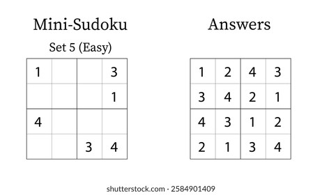 Mini Sudoku Puzzle 4x4 Set 5 for Kids Easy with Answers, Fun Brain Training Math Game for Kids, Vector