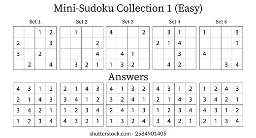 Mini Sudoku Puzzles 4x4 Collection 1 for Kids Easy with Answers, 5 Sets Fun Brain Training Math Game for Kids, Vector