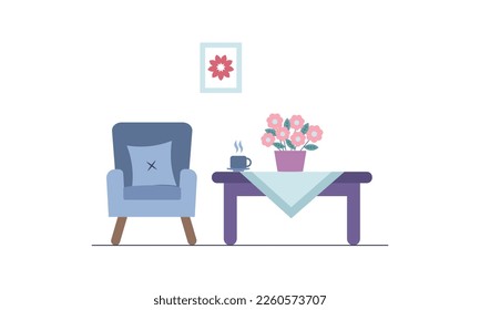 MINI TABLE AND SOFA WITH FLOWER VASE AND HOT COFFEE