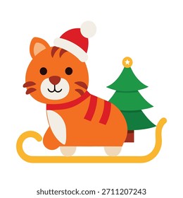 Mini tiger riding sleigh with small Christmas tree, cute illustration perfect for holiday greeting cards and festive digital projects.