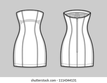 Mini tight dress with panel lines, strapless straight across neckline, back zip clasp. Close-fitting dress. Back and front. Technical flat sketch. Vector illustration.