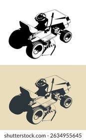 Mini tractor lawn mower stylized vector illustrations