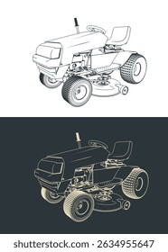 Mini tractor lawn mower stylized vector illustrations